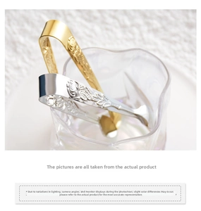 Detail of 304 stainless steel sugar tongs with rose patterns in gold and silver finish