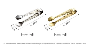 Detailed view of 10.5cm stainless steel sugar tongs with elegant rose floral carvings