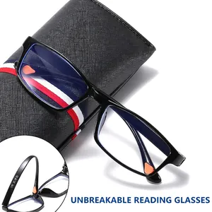 Lightweight black square reading glasses with flexible frame and premium leather case
