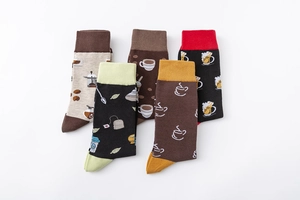 Detailed set of five coffee and drink themed cotton crew socks with ribbed cuffs
