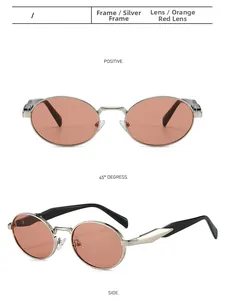 Detailed views of silver oval sunglasses with orange lenses from three distinct angles