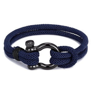 Men's navy blue braided nylon bracelet with black stainless steel U-shape shackle clasp