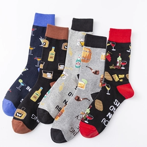 Colorful cotton crew socks with drink and bar themed patterns for casual daily wear