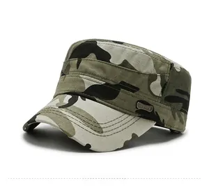 Close-up of camouflage flat top army cap with Sport metal badge and reinforced stitching