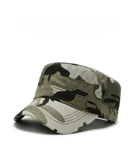 Detail of woodland camouflage flat top cap featuring metal Sport logo and stitched brim