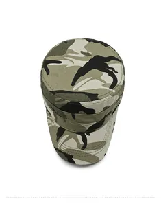Top down view of a camouflage military flat top cap with classic jungle pattern design