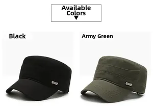 Detail view of cotton military caps in black and army green with metal sport logo