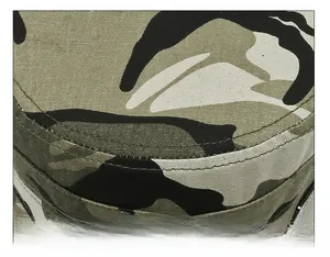 Detailed close-up of heavy-duty stitching on the camouflage military flat top cap
