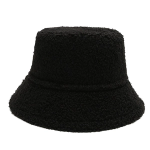 Classic black plush bucket hat in warm fleece material for winter outdoor activities