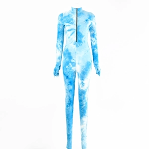 Vue détaillée du body côtelé tie-dye pour femme avec fermeture éclair et col montant