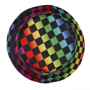 Rainbow checkered bucket hat in vibrant colors with a classic sun shade design