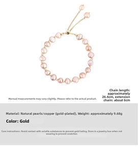 Detailed view of 14K gold plated baroque pearl bracelet with adjustable slider chain