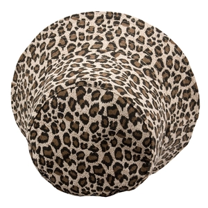 Top-down macro view showing detailed leopard print texture on a flat-top bucket hat