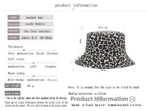 Detailed size chart for the leopard print bucket hat with suede fabric measurements