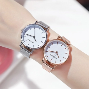 Minimalist quartz watches for women with silver and rose gold mesh straps in a pair view