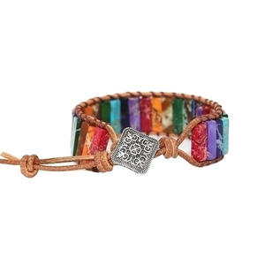 Bohemian style emperor stone bracelet with colorful rectangular gems and leather cord