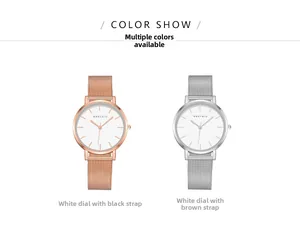 Detail of minimalist women's quartz watches with rose gold and silver Milanese mesh straps