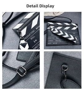 Detailed views of movie clapperboard crossbody bag featuring cross-grain PU leather