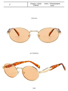 Detailed views of gold oval sunglasses with champagne lenses and tortoiseshell temples
