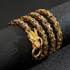 Men's rock style gold dragon head pendant with heavy weave chain necklace