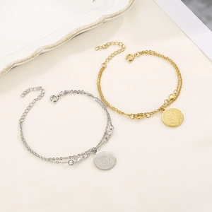 Bracelets double couche en acier titane doré et argenté avec breloques cœur et rond