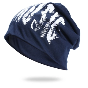 Hip hop style dark blue knitted beanie with white music letter printing for street wear