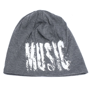 Detail of grey MUSIC letter print on soft knit fabric of the hip-hop style beanie hat