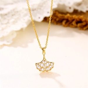Elegant 18K gold titanium steel necklace with zircon fan-shaped skirt pendant for women