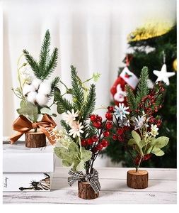 Mini Christmas tree ornament with pine needles, red berries and natural wood base