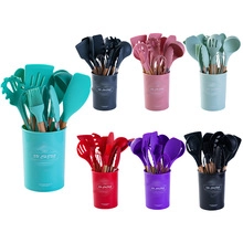 Kitchen silicone utensils set with various tools and storage canisters in seven bright colors