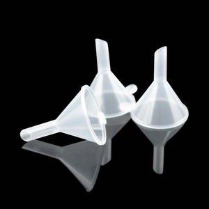 Three transparent PP mini funnels for liquid filling shown on black reflective surface