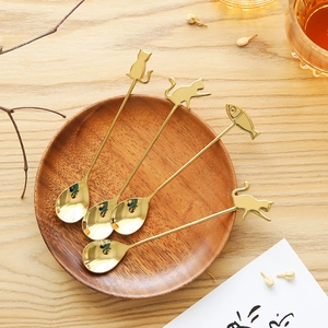 Golden 304 stainless steel coffee spoons with creative cartoon cat and fish handle designs