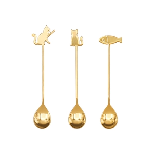 Golden 304 stainless steel coffee spoons with cartoon cat and fish handle designs