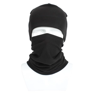 Close-up of black knitted winter beanie and neck gaiter set on a white mannequin head