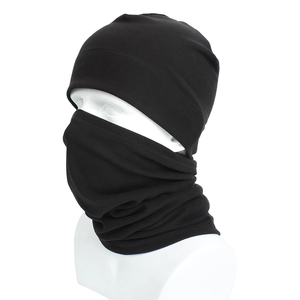 Detail of black winter knit hat and neck warmer set worn on a mannequin head
