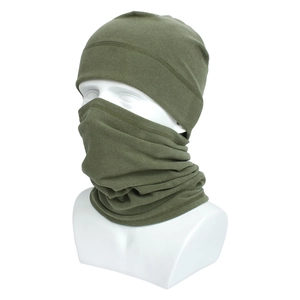 Detail of military green winter knitted beanie and thermal neck warmer set on a mannequin