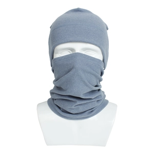 Blue-grey winter set detail showing warm fleece knit beanie and matching neck gaiter