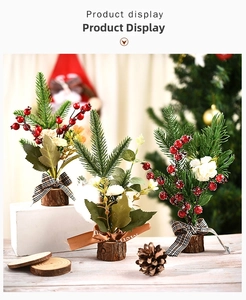 Three mini Christmas trees with pine needles, red berries and natural wood bases
