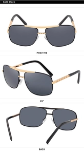 Detailed views of gold and black square sunglasses featuring checkered engraved temples