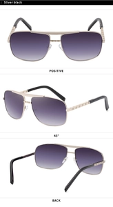 Three views of silver metal square sunglasses with black gradient lenses from multiple angles