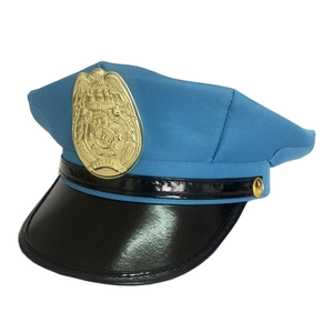 Navy blue police uniform hat featuring a gold emblem and glossy black visor on white background