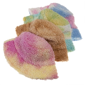 Winter Warm Lambswool Tie-Dye Bucket Hat Windproof Thick Faux Fur Fisherman Cap For Women