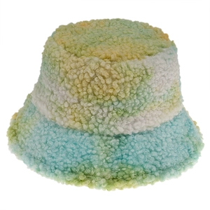 Close-up of thick pastel tie-dye faux fur bucket hat showing soft curly texture