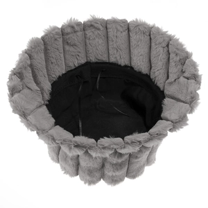 Detail of grey faux fur bucket hat showing striped texture and inner adjustable drawstring