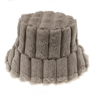 Taupe faux rabbit fur bucket hat with warm vertical striped texture for women