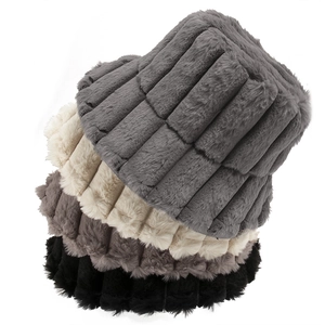 Women Faux Rabbit Fur Bucket Hat Winter Warm Windproof Striped Plush Basin Hat For Outdoor Travel Fashion Solid Color
