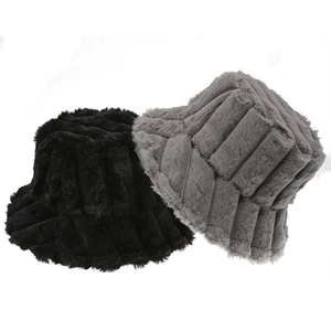 Detail showing the thick plush texture and striped pattern of black and grey bucket hats