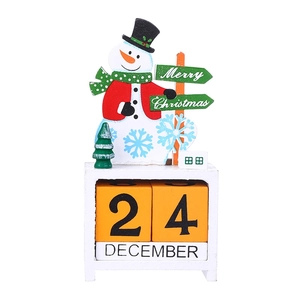 Christmas wooden countdown calendar with snowman figurine and Merry Christmas sign decor
