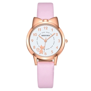 Pink leather quartz watch with rose gold case and cute cat dial pattern for girls