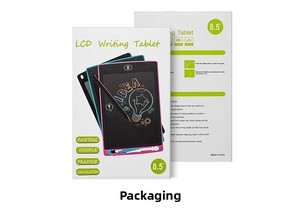 Detail view of 8.5 inch LCD writing tablet packaging with stylus and multiple color options